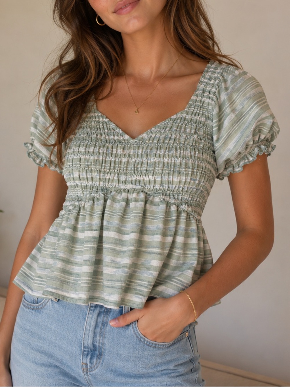 Pink Lily Sage Striped Smocked V-Neck Puff Sleeve Top